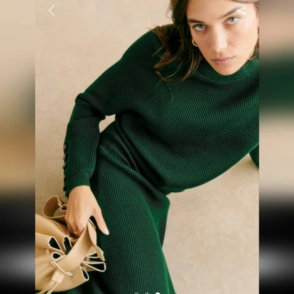 Sezane Naelle Merino Wool/ Organic Cotton Bottle Green Midi Skirt